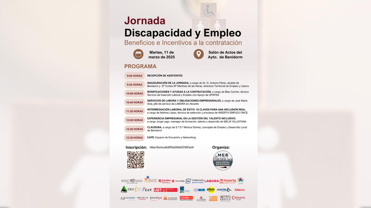 La Mesa de Empleo de Benidorm organiza una jornada sobre Discapacidad y Empleo el próximo 11 de marzo