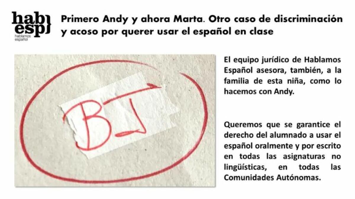 PRIMERO ANDY Y AHORA MARTA. OTRO CASO DE DISCRIMINACIÓN Y ACOSO POR QUERER USAR EL ESPAÑOL EN CLASE