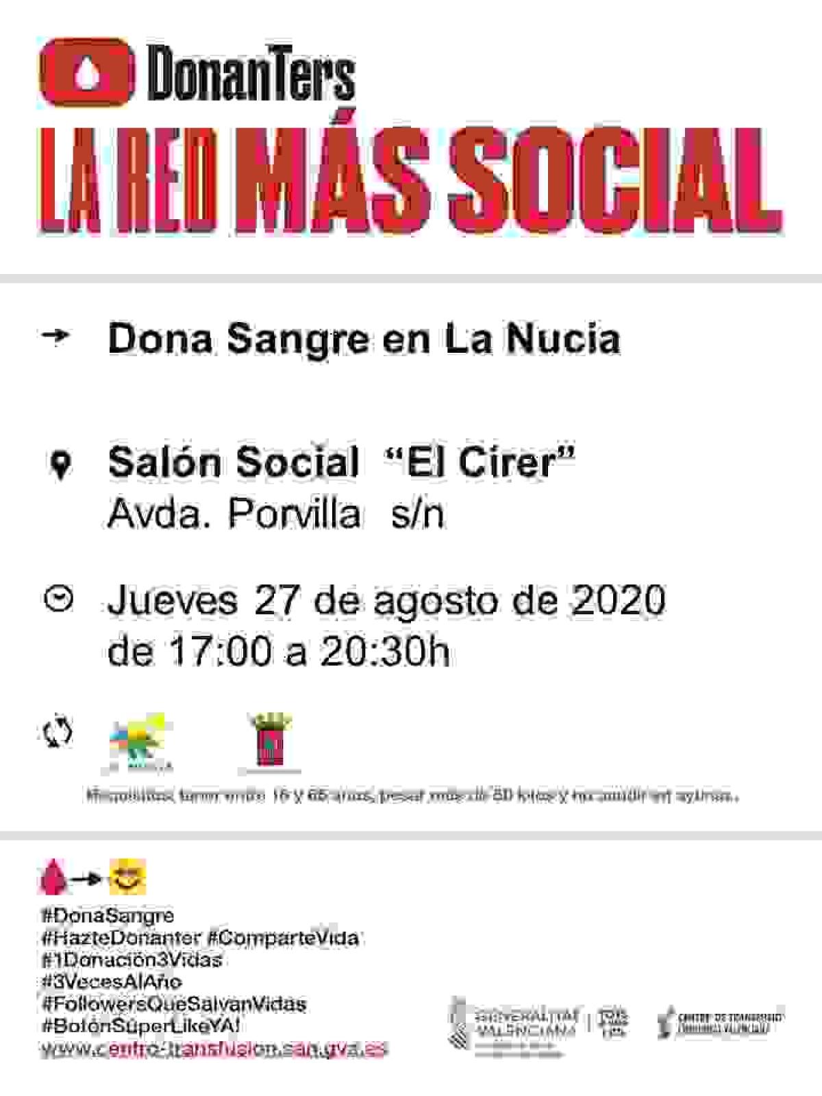 Donaci&oacute;n de Sangre el jueves 27 de agosto en El Cirer