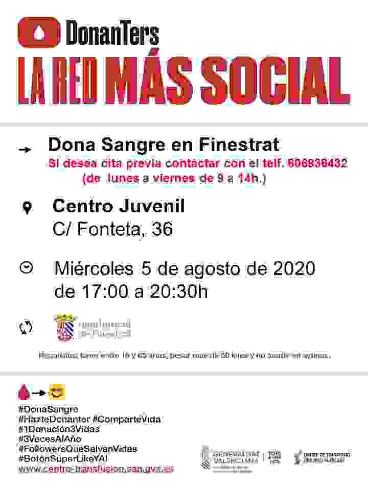 El Centre Juvenil de Finestrat acoge el pr&oacute;ximo Mi&eacute;rcoles 5 de Agosto, una nueva jornada de donaci&oacute;n de sangre. 