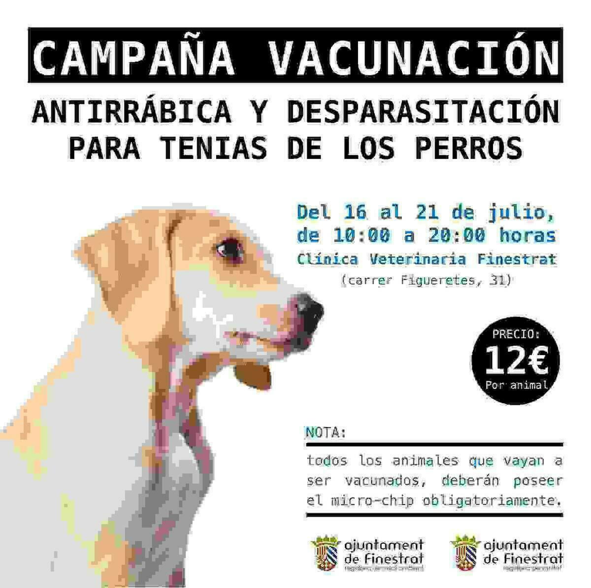 Finestrat celebra la campa&ntilde;a anual de vacunaci&oacute;n antirr&aacute;bica del 16 al 21 de julio