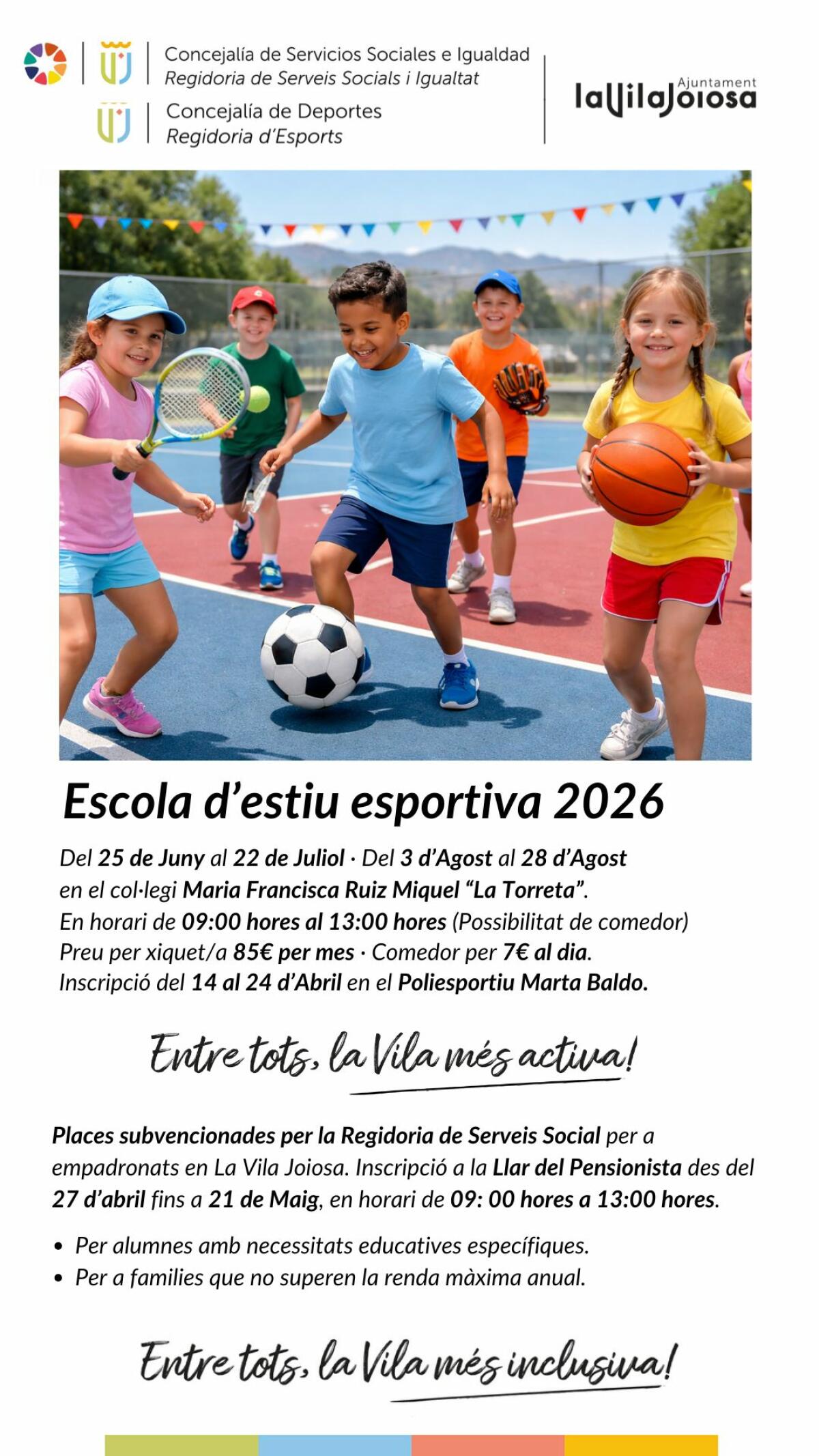 Las dos Escoles d&rsquo;Estiu de Villajoyosa contar&aacute;n con plazas subvencionadas por Servicios Sociales