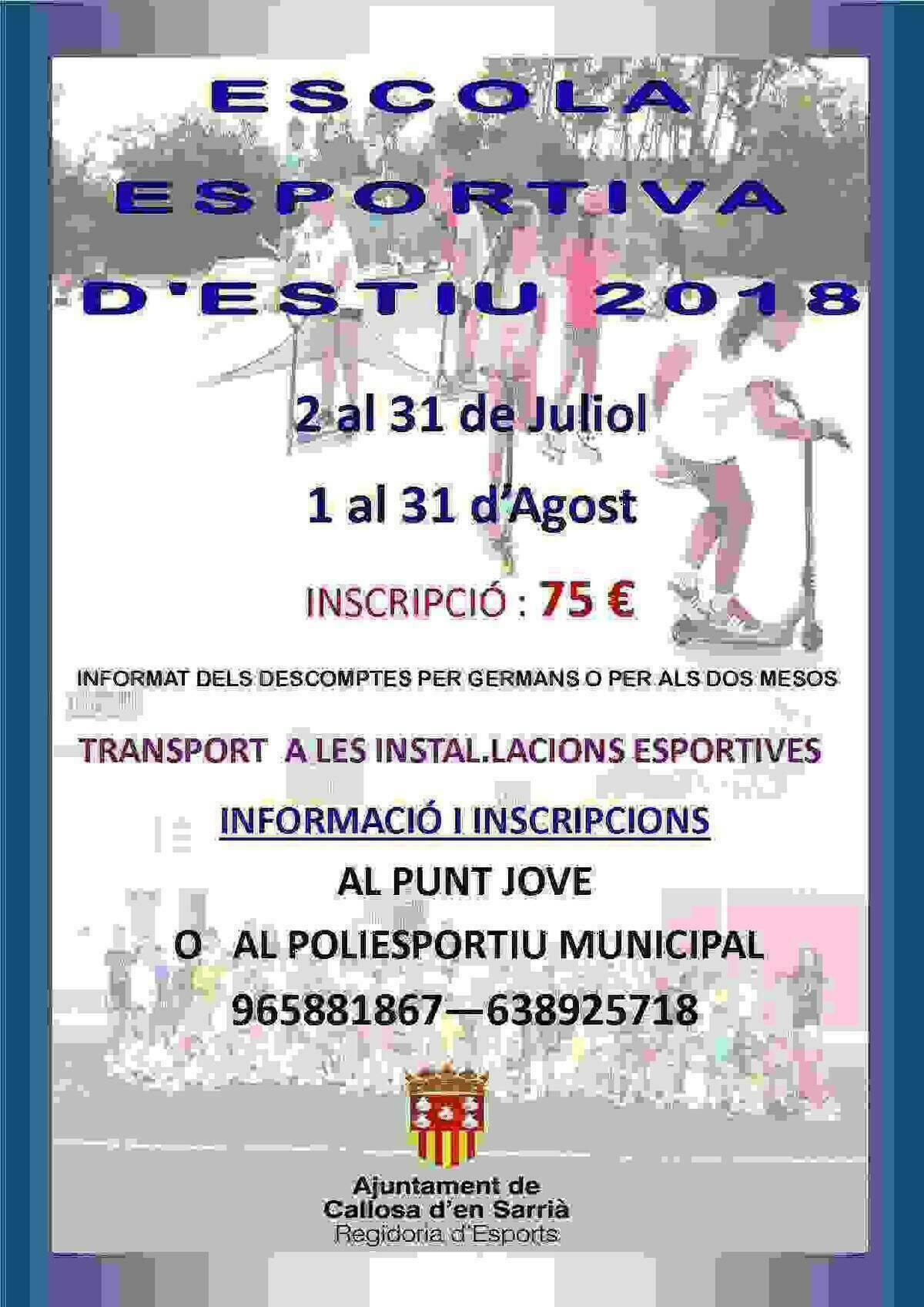 Callosa &middot; El pr&oacute;ximo lunes se abre el plazo de inscripci&oacute;n para la Escuela Deportiva de Verano 2018