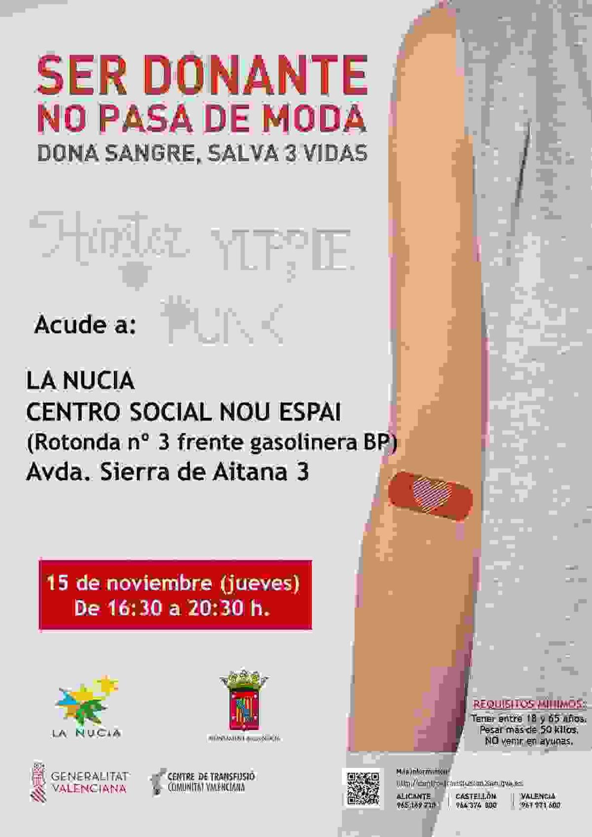 El pr&oacute;ximo jueves Donaci&oacute;n de Sangre en el Centro Social Nou Espai de La Nuc&iacute;a
