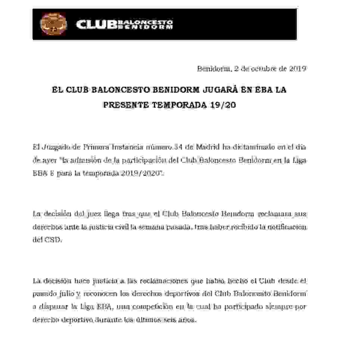 El Club Baloncesto Benidorm jugará en EBA