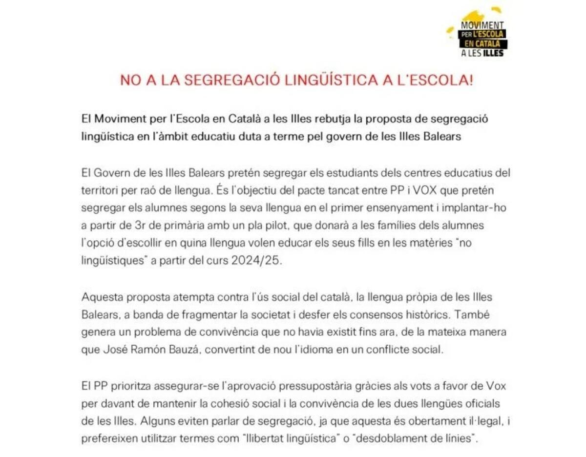 Hablamos Español pide a Antoni Vera la suspensión de los claustros ilegales convocados para condicionar el apoyo del profesorado a la inmersión lingüística obligatoria