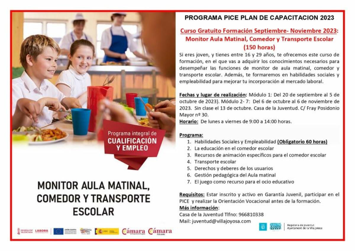 Cursos gratuitos de monitor de aula matinal, comedor y transporte escolar dirigido a jóvenes de entre 16 y 29 años en la Casa de la Juventud