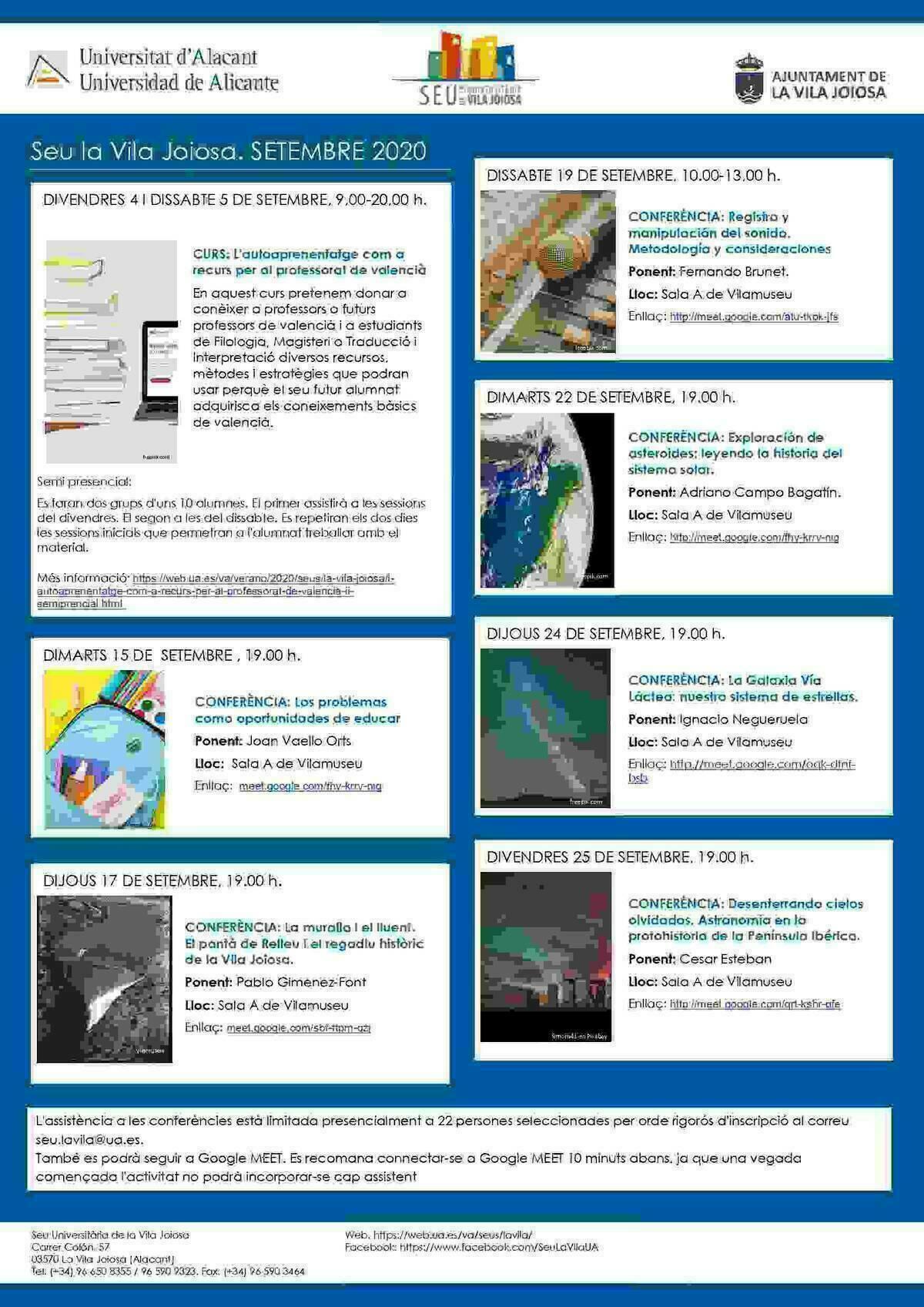 La Sede Universitaria de La Vila Joiosa presenta su programaci&oacute;n para el mes de septiembre