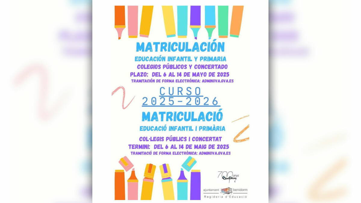 Educación abre hoy el plazo de solicitud de matrícula para Infantil y Primaria en los colegios de Benidorm