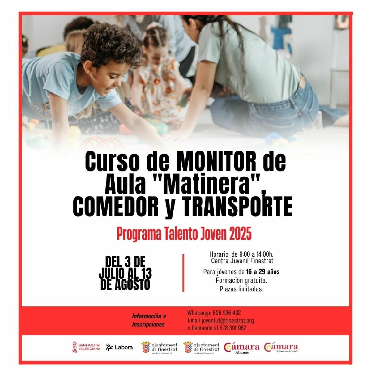 MÁS SALIDAS LABORALES PARA LA JUVENTUD DE FINESTRAT CON EL CURSO DE MONITOR PARA AULA “MATINERA”, COMEDOR Y TRANSPORTE ESCOLAR