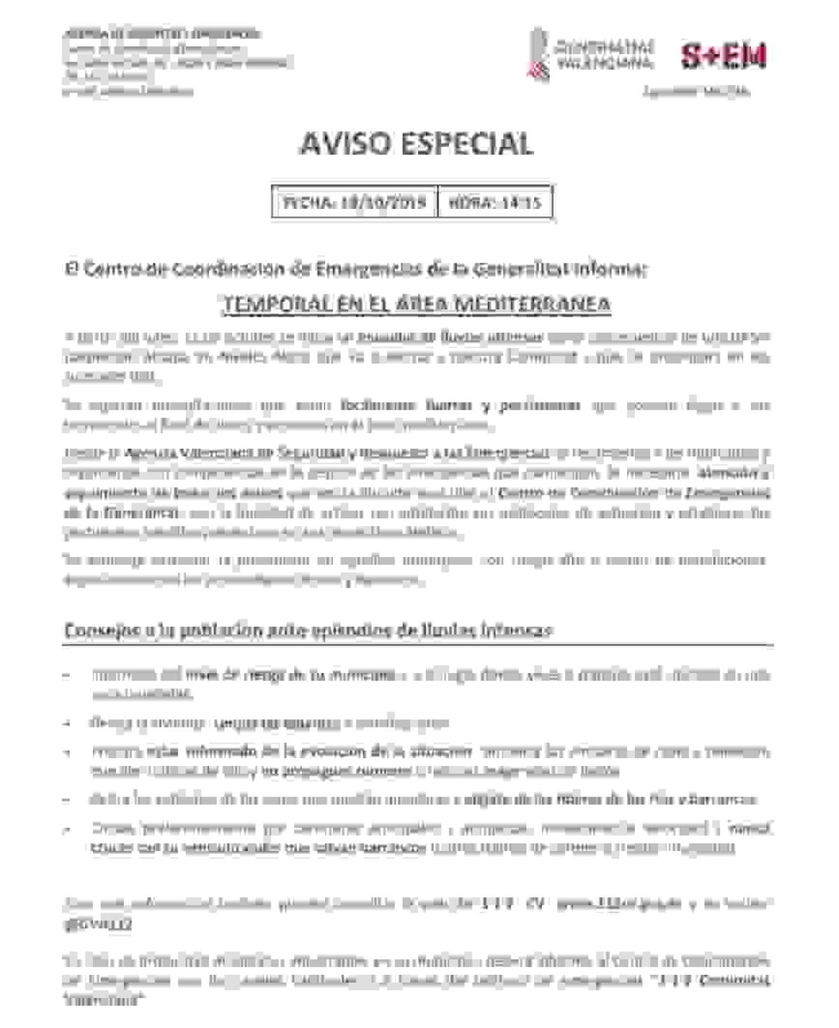 El servicio de Emergencias de la Comunidad Valenciana recuerda las previsiones para la DANA