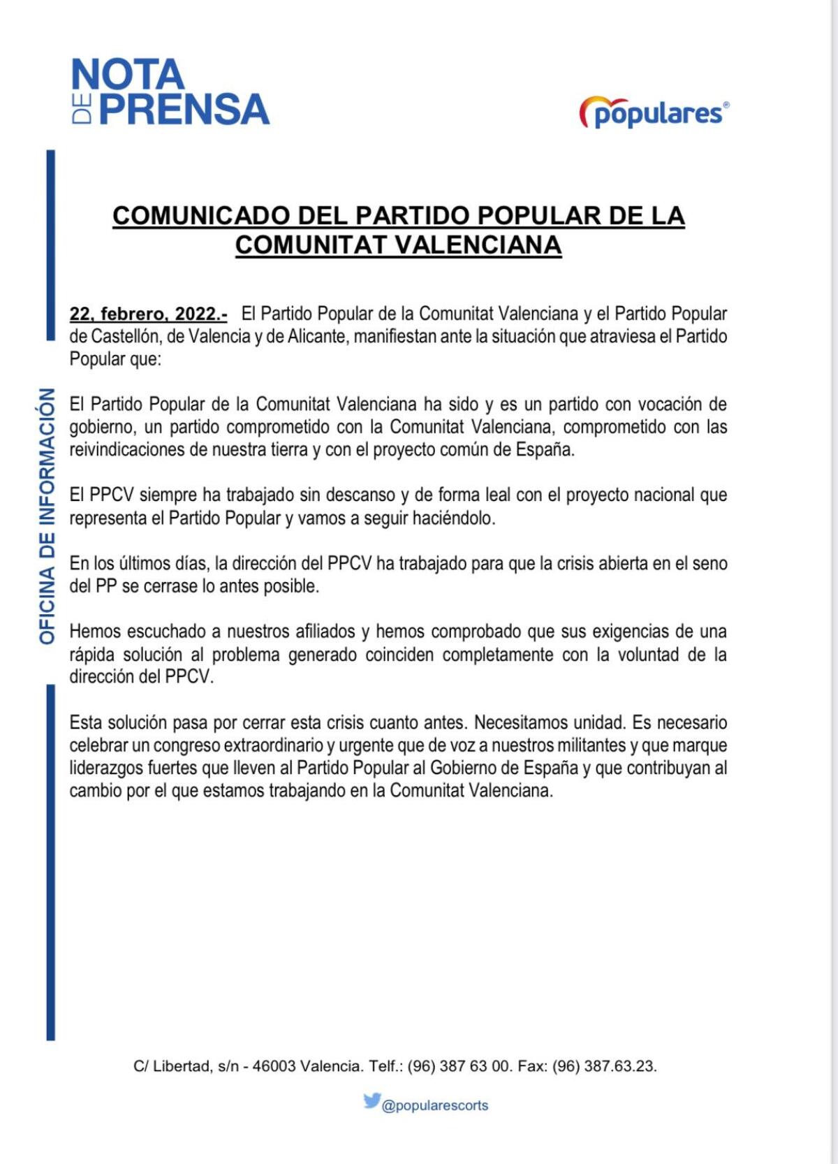 El Partido Popular Comunitat Valenciana emite un comunicado