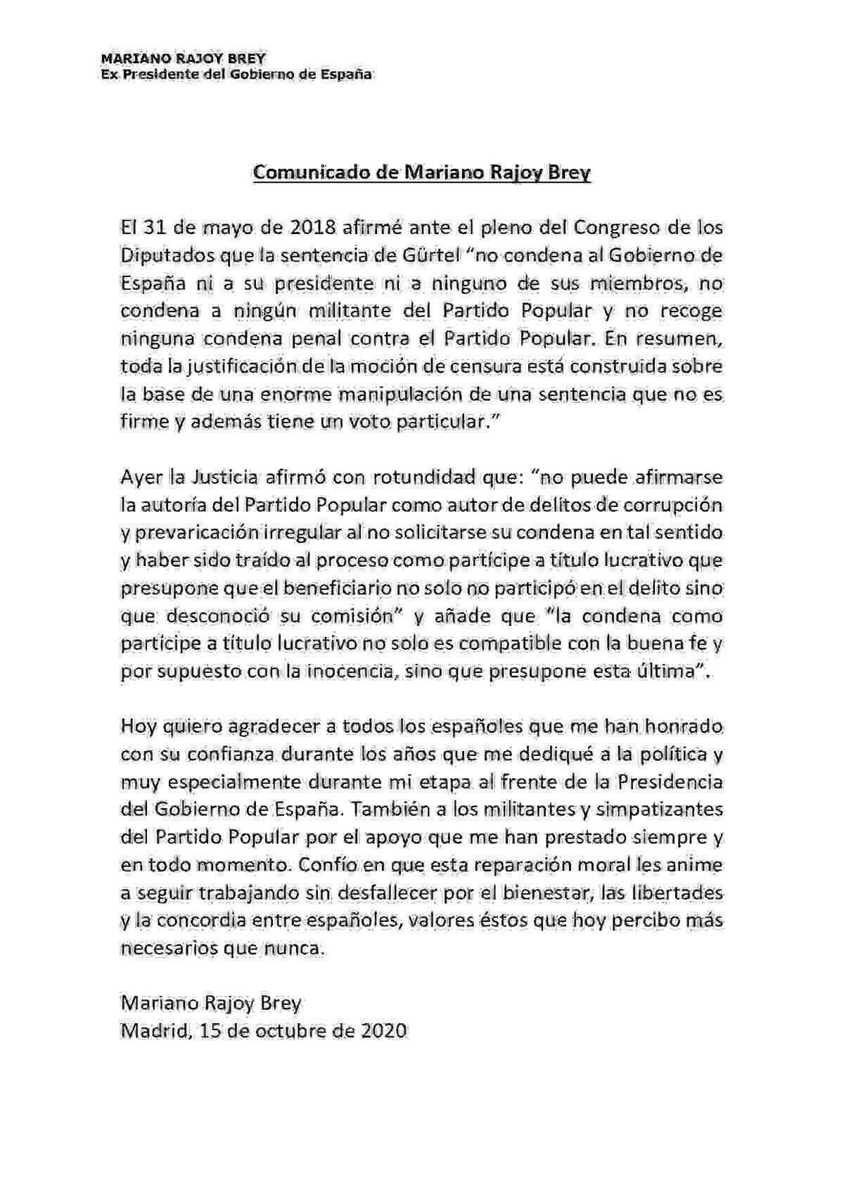 Publicamos íntegro el comunicado emitido hoy por el ex Presidente del Gobierno, Mariano Rajoy.
