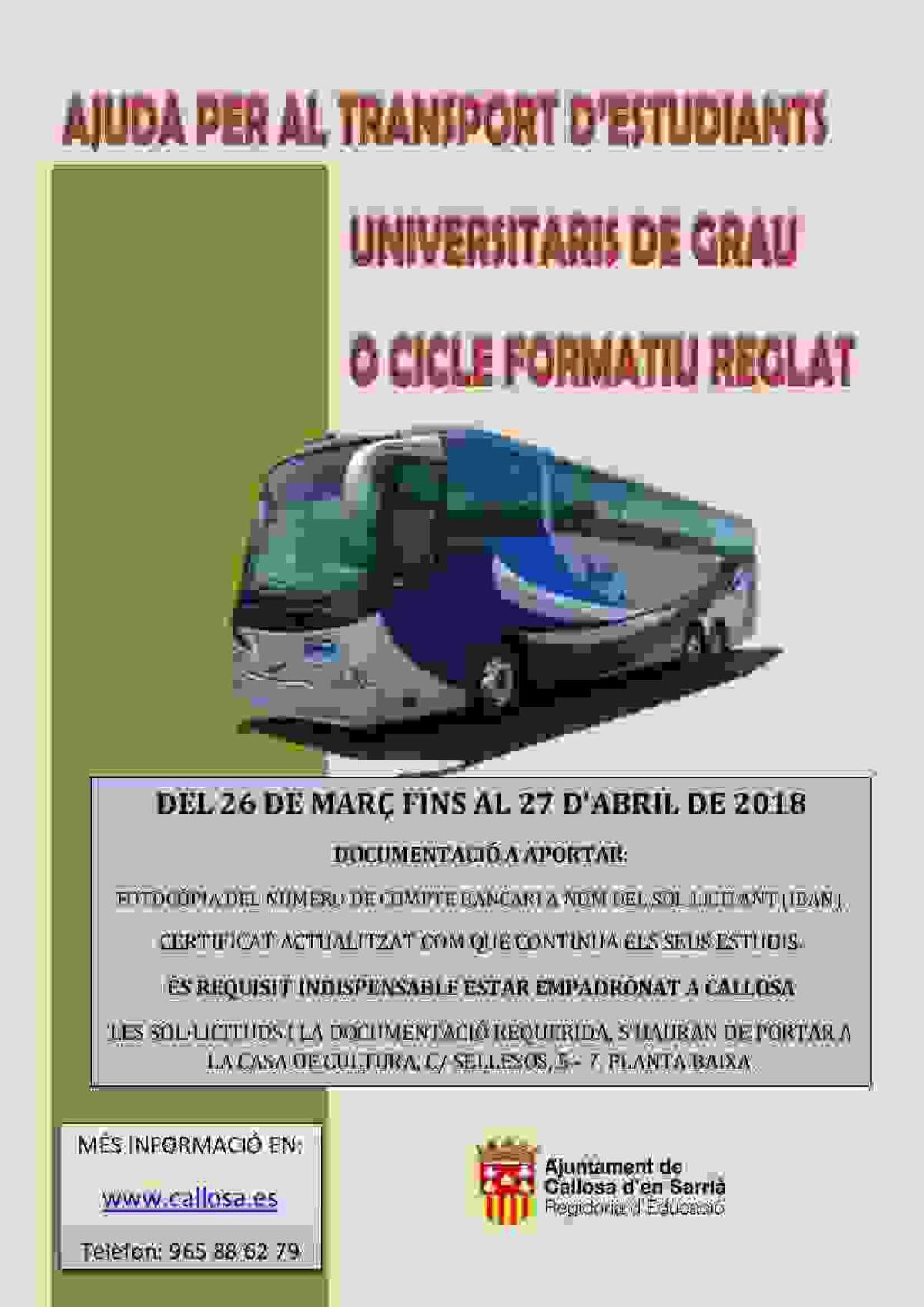   Callosa &middot; Este viernes finaliza el plazo para solicitar ayudas municipales al transporte de estudiantes universitarios y Ciclos Formativos