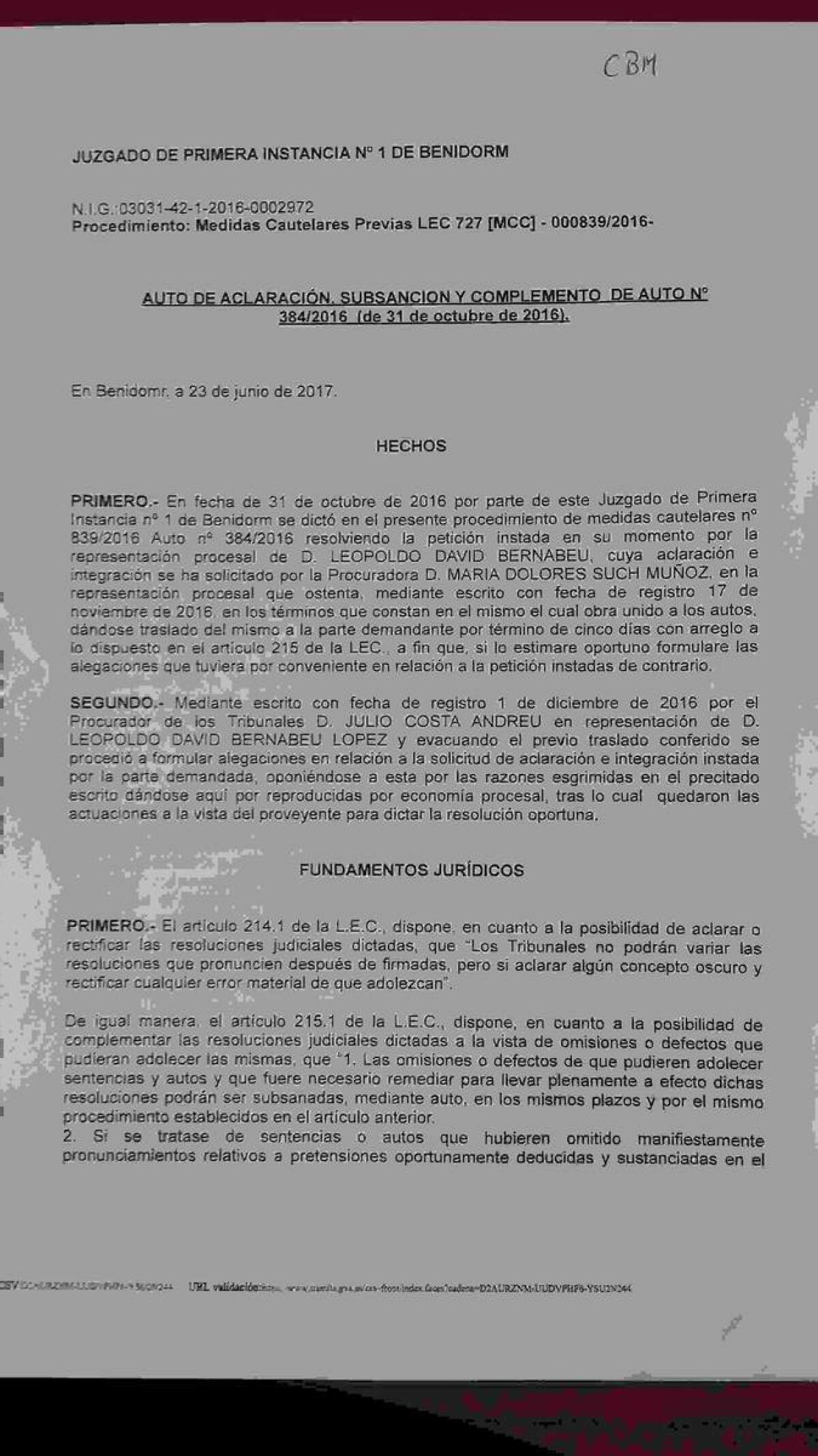 El Juez solicita 10.000 a Arturo Cabrillo y Paquita Ripoll si quieren levantar las Medidas Cautelares que avalan a Leopoldo Bernabeu como Presidente de Ciudadanos por Benidorm