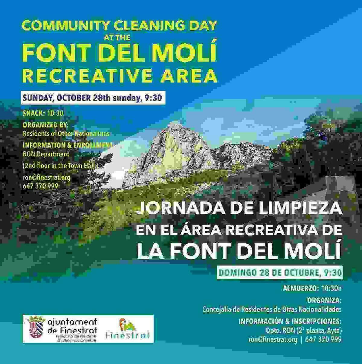Finestrat celebra este domingo una jornada de limpieza medioambiental en el &aacute;rea recreativa de la Font del Mol&iacute; 