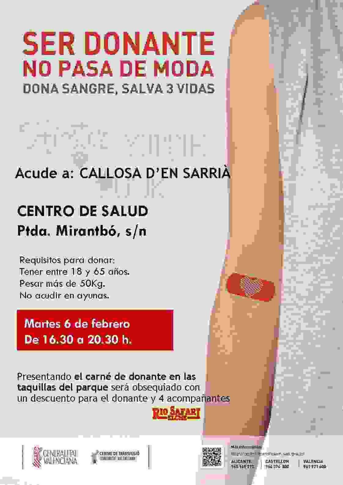 Donaci&oacute;n de Sangre el pr&oacute;ximo 6 de febrero en el Centro de Salud de Callosa d&rsquo;en Sarri&agrave;