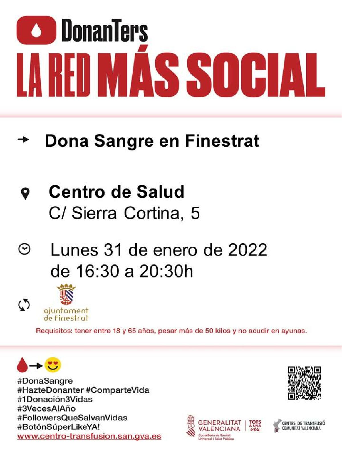 FINESTRAT ACOGE UNA NUEVA JORNADA DE DONACIÓN DE SANGRE EL PRÓXIMO LUNES 31 DE ENERO