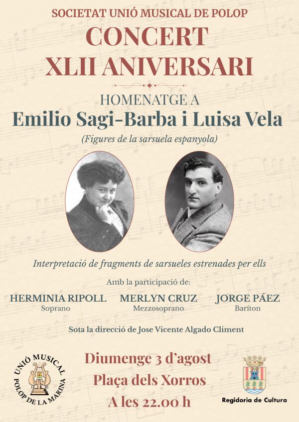 La Societat Unió Musical de Polop celebra su 42.º cumpleaños con un emotivo homenaje a Emilio Sagi-Barba y Luisa Vela, figuras destacadas de la zarzuela española.