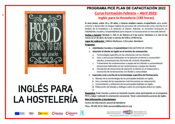 Juventud y la Cámara de Comercio organizan un curso gratuito de inglés para hostelería 