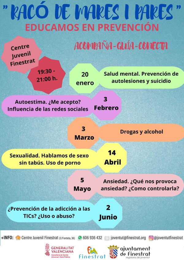 EL VIERNES 20 DE ENERO VUELVE EL “RACÓ DE MARES I PARES” AL CENTRE JUVENIL FINESTRAT CON LA SESIÓN DEDICADA A LA SALUD MENTAL EN LA ADOLESCENCIA 