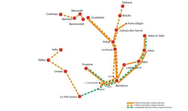 Villajoyosa dispone de servicio de autobús al Hospital Comarcal, La Cala y al centro de Benidorm cada 30 minutos todos los días