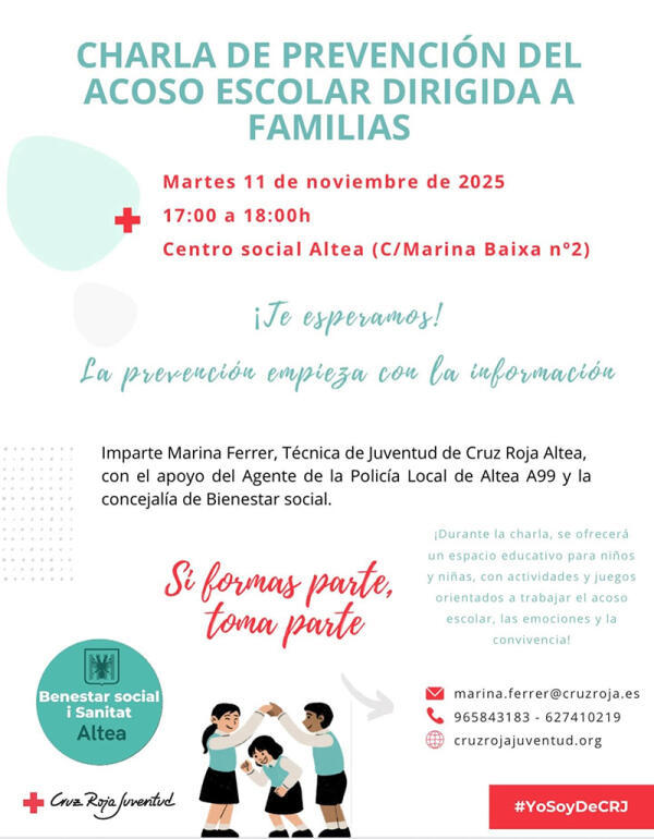 Bienestar Social y Cruz Roja Juventud programan una charla abierta a la ciudadanía sobre el acoso escolar