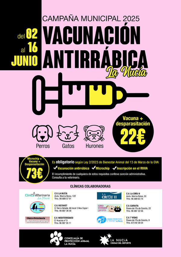La Campaña Vacunación Antirrábica 2025 comenzará el próximo lunes