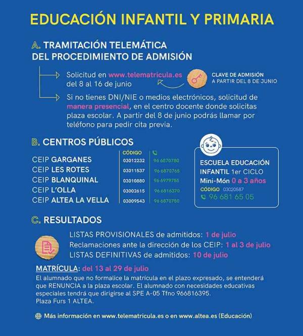 Del 8 al 16 de junio se activar&aacute; la web telematricula.es para tramitar la admisi&oacute;n telem&aacute;tica de los alumnos de infantil y primaria para el curso 2020-2021.