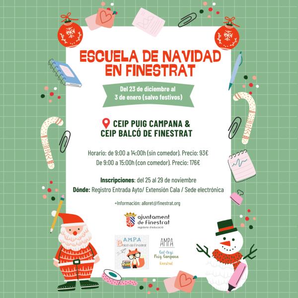 FINESTRAT ORGANIZA LA I ESCOLA DE NADAL EN LOS COLES PARA AYUDAR A LAS FAMILIAS A CONCILIAR EN FECHAS NAVIDEÑAS