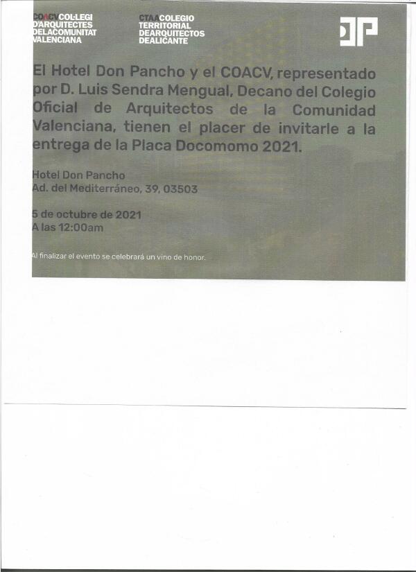 NOTA DE PRENSA  EL COLEGIO TERRITORIAL DE ARQUITECTOS DE ALICANTE SELECCIONA AL HOTEL DON PANCHO CON LA DISTINCION DE LA PLACA DOCOMOMO 2021.