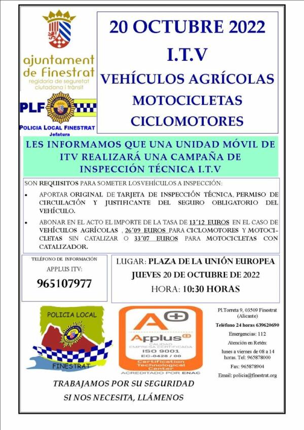 FINESTRAT ACOGE LA CAMPAÑA DE ITV MÓVIL DE VEHÍCULOS AGRÍCOLAS, MOTOCICLETAS Y CICLOMOTORES EL JUEVES 20 DE OCTUBRE 