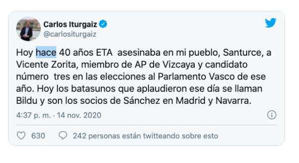 Carlos Iturgaiz: "Hoy los batasunos que aplaudieron asesinatos son socios de Sánchez"