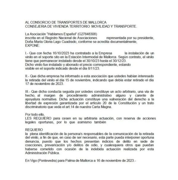 Hablamos Español requiere al Gobierno Balear por retirar su valla publicitaria con el lema: «Que no te cambien tu lengua, forma parte de tu personalidad.» 