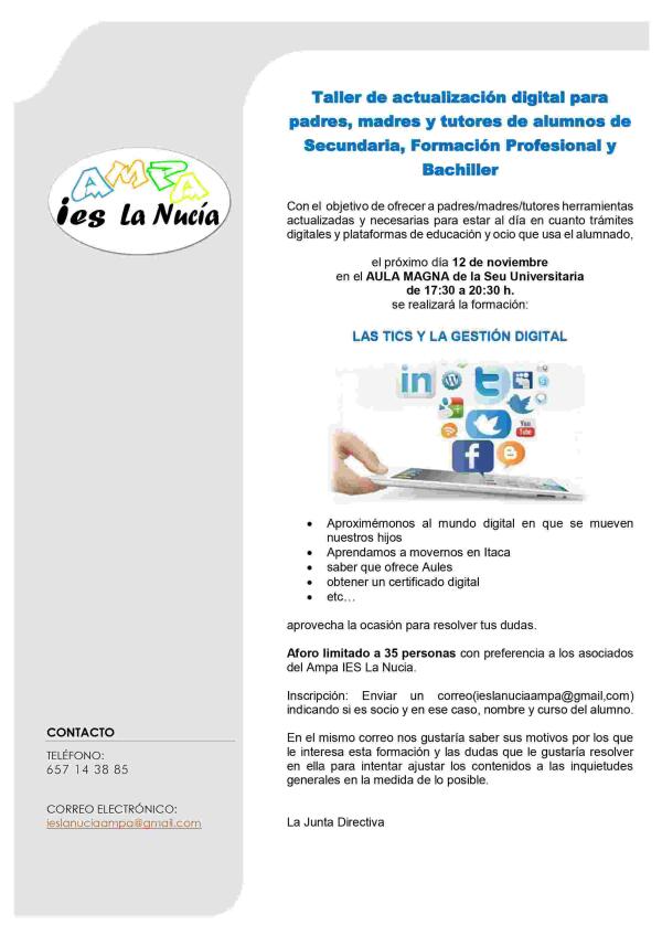 Taller gratuito del AMPA sobre las plataformas educativas “Itaca y Aules”