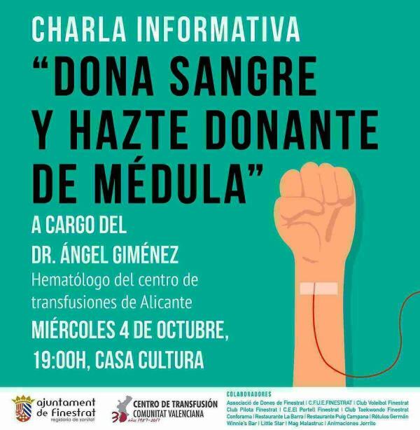 Ma&ntilde;ana se celebra la charla informativa &ldquo;dona sangre y hazte donante de m&eacute;dula&rdquo; en la Casa de Cultura de Finestrat
