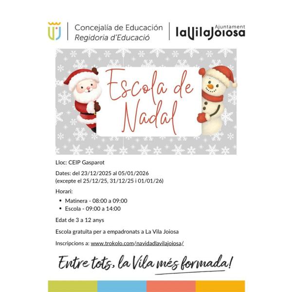 El Ayuntamiento de Villajoyosa organiza una &ldquo;Escola de Nadal&rdquo; para facilitar la conciliaci&oacute;n laboral de las familias en Navidad