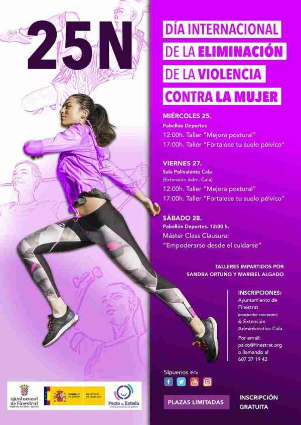 25 de Noviembre. Día Internacional de la Eliminación de la Violencia contra la Mujer FINESTRAT ORGANIZA UN PROGRAMA DE TALLERES TITULADOS “MUJER Y DEPORTE” CON MOTIVO DEL 25N