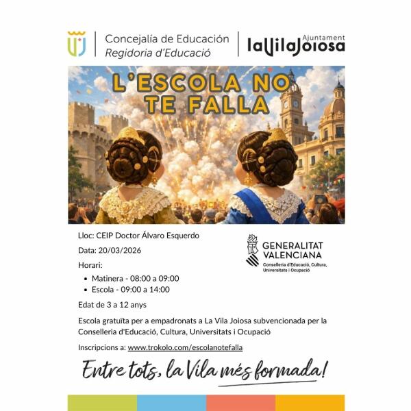 El Ayuntamiento de Villajoyosa organiza &ldquo;L&rsquo;Escola no te falla&rdquo; el 20 de marzo para facilitar la conciliaci&oacute;n laboral de las familias