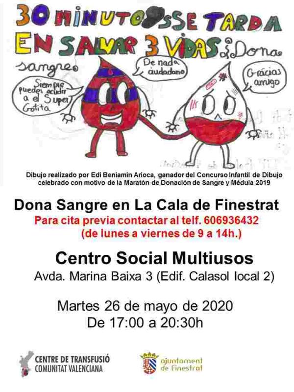 Finestrat celebra el pr&oacute;ximo martes una jornada de donaci&oacute;n de sangre en la cala reservando cita previa para garantizar la seguridad de donantes y profesionales. 