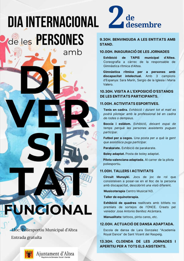 Una jornada plena d'activitats commemorarà a Altea el Dia Internacional de les Persones amb Diversitat Funcional