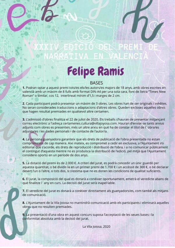 Cultura convoca la 34&ordf; edici&oacute;n del premio de narrativa en valenciano Felipe Ramis de la Vila Joiosa. 