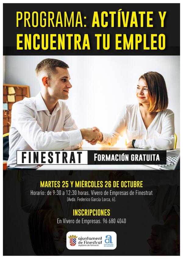 NUEVA EDICIÓN DEL PROGRAMA “ACTÍVATE Y ENCUENTRA TU EMPLEO” PARA AYUDAR A LOS VECINOS/AS DE FINESTRAT EN LA BÚSQUEDA DE TRABAJO 