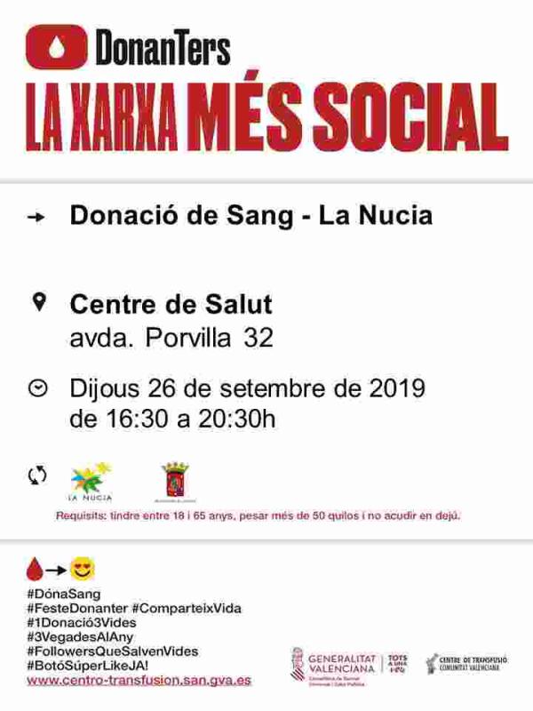 La Nucía · “Donación de Sangre” el 26 de septiembre en el Centro de Salud  