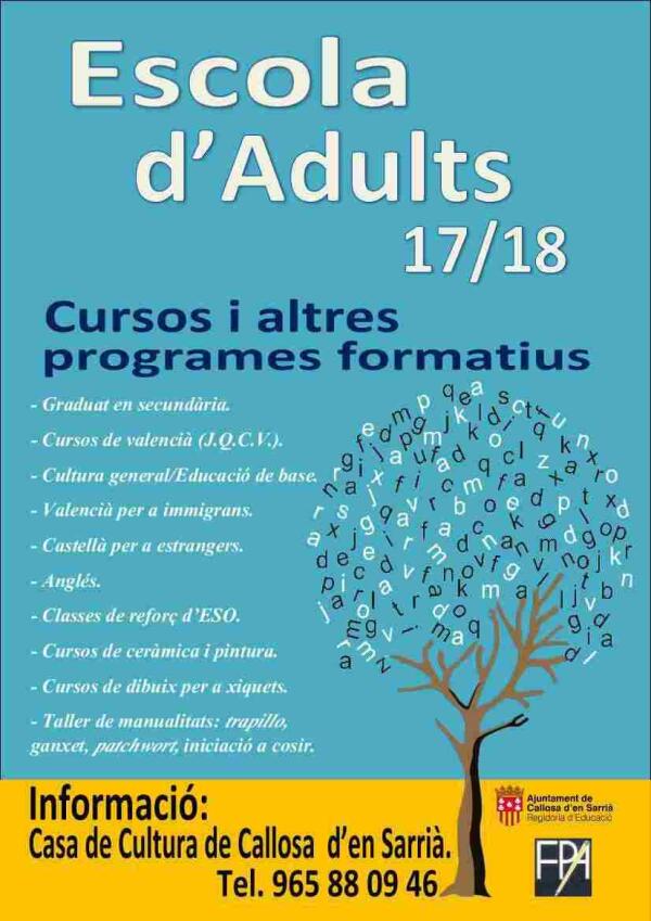 El pr&oacute;ximo mes de octubre comienza el programa formativo de la Escuela de Adultos de Callosa d&rsquo;en Sarri&agrave;