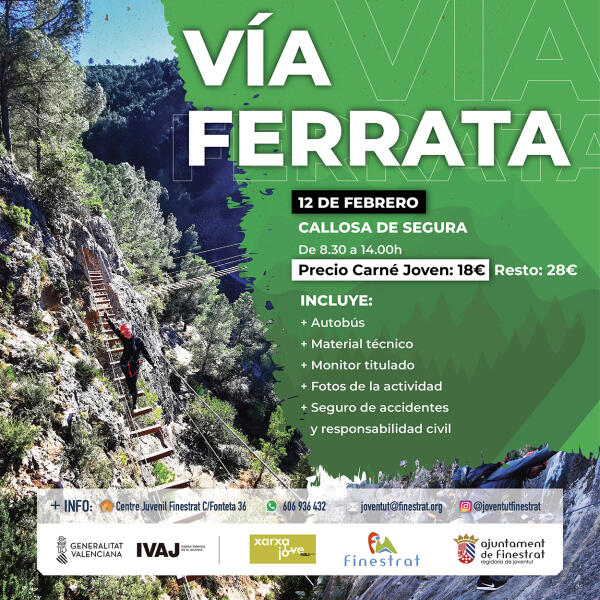 LA CONCEJALÍA DE JUVENTUD DE FINESTRAT ORGANIZA UNA VÍA FERRATA PARA EL SÁBADO 12 DE FEBRERO EN CALLOSA DE SEGURA