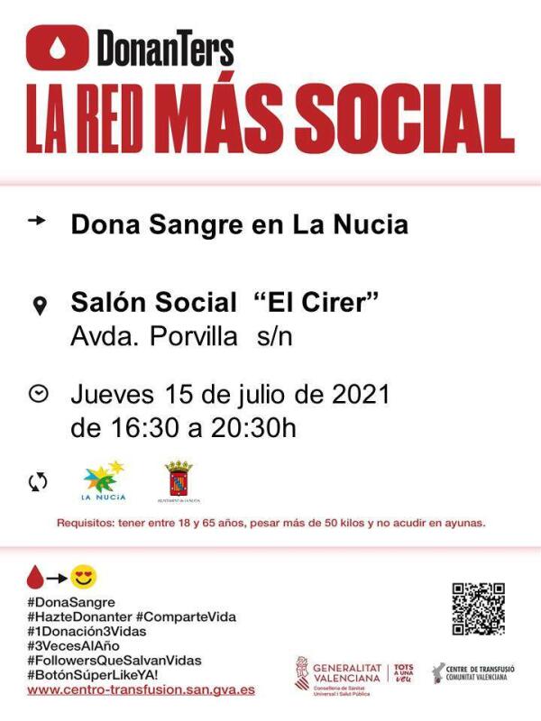 Donación de Sangre este jueves 15 julio en El Cirer