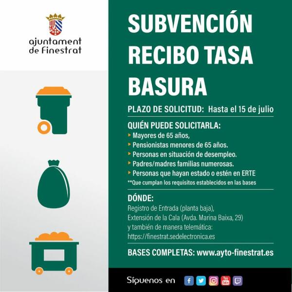 FINESTRAT CONVOCA NUEVAMENTE LAS AYUDAS PARA REEMBOLSAR EL 100% DEL RECIBO DE LA BASURA 