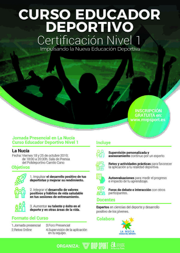 Abiertas las inscripciones para el  Curso gratuito de “Educador Deportivo” en La Nucía