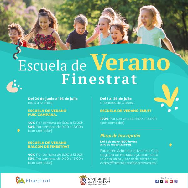 FINESTRAT ABRE PLAZO DE INSCRIPCIÓN PARA LAS ESCUELAS MUNICIPALES DE VERANO DESDE BEBÉS HASTA 12 AÑOS